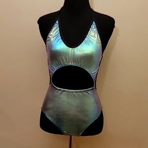Metallic Purple and Green Rave Bodysuit with Cutouts